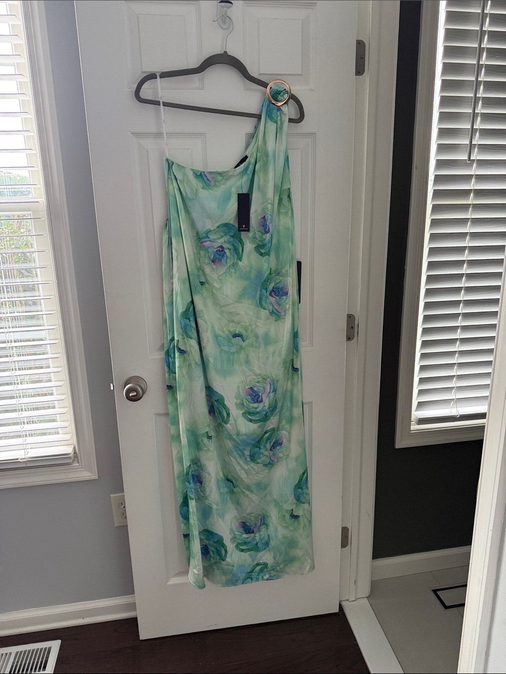 Lulu's Mint Green One-Shoulder Floral Maxi Dress with Blue Floral Accents
